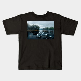 Foggy Lake Falling Raindrops On A Rainy Autumn Day Kids T-Shirt